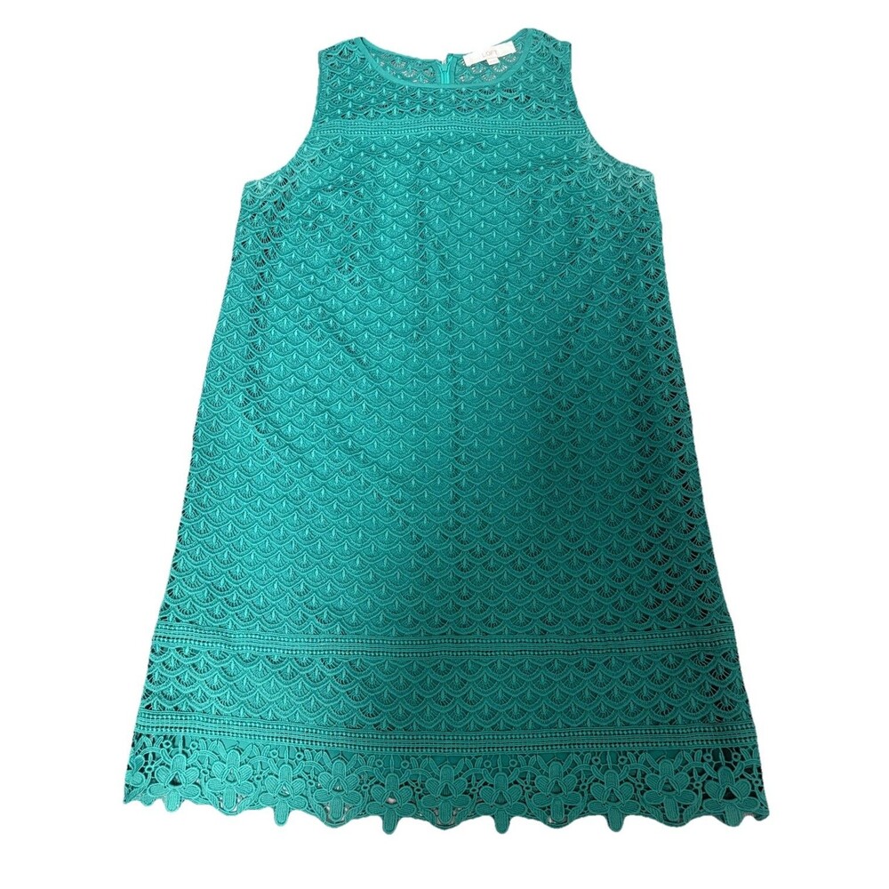LOFT Dress 12 Green Scallop Crochet Sleeveless Shift Floral Hem Lined Cottage